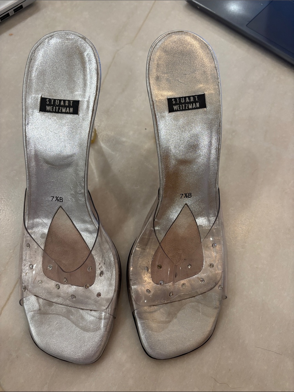Stuart Weitzman Silver Metallic Clear PVC Slide Mules